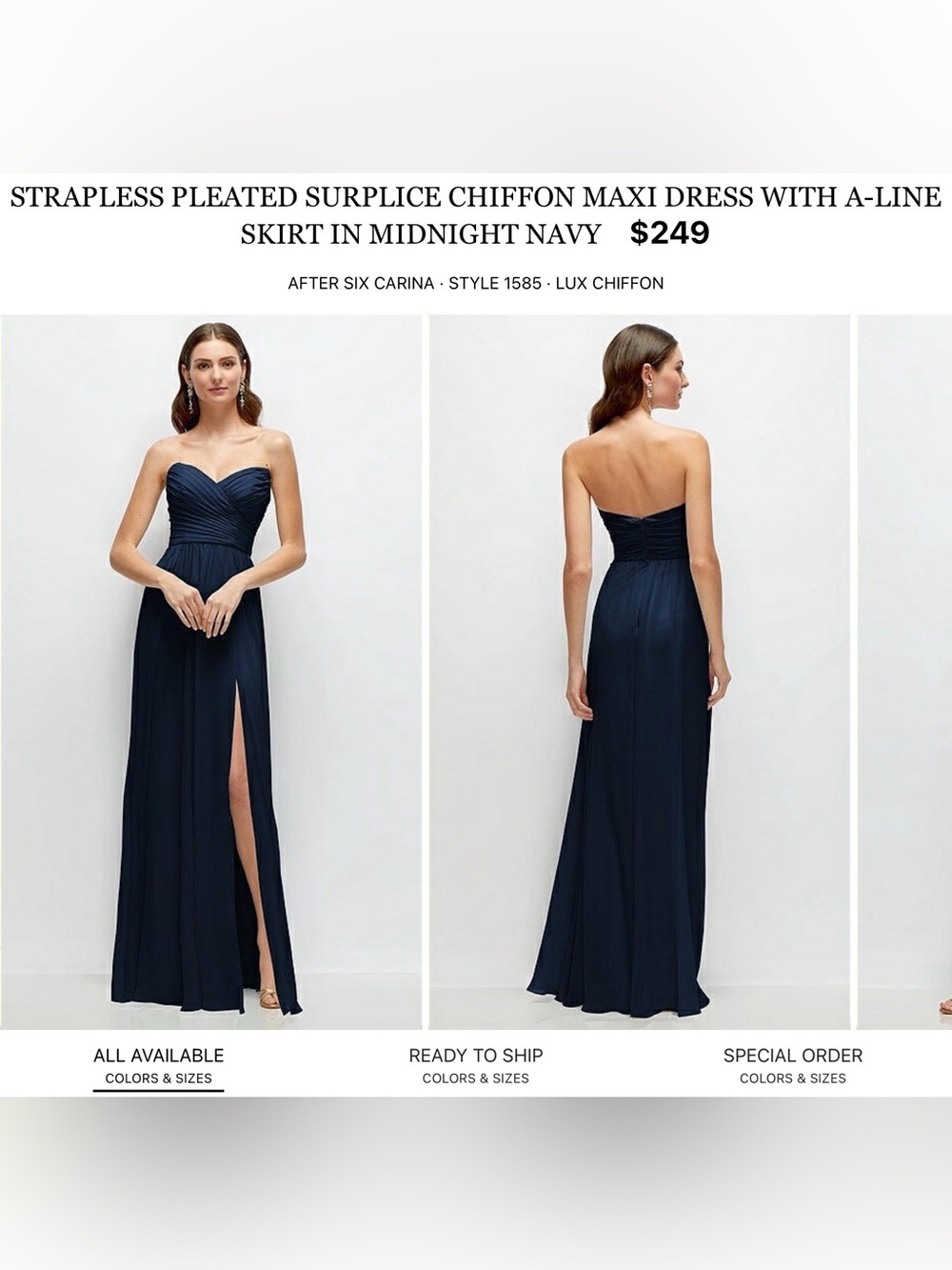 After Six Midnight Navy Strapless Pleated Chiffon A-Line Gown with Slit